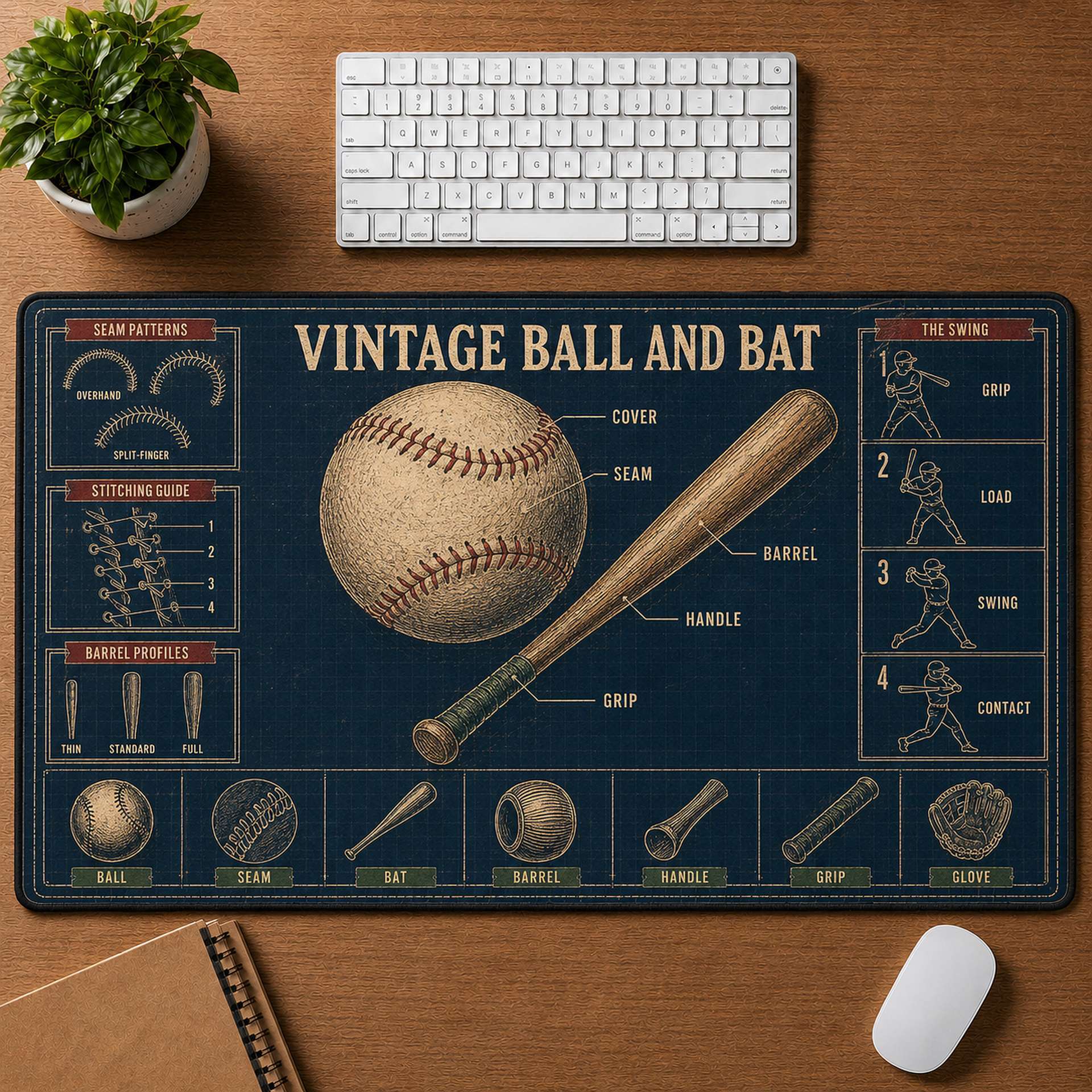 Vintage Ball & Bat Blueprint Desk Mat | 5To9Vibe