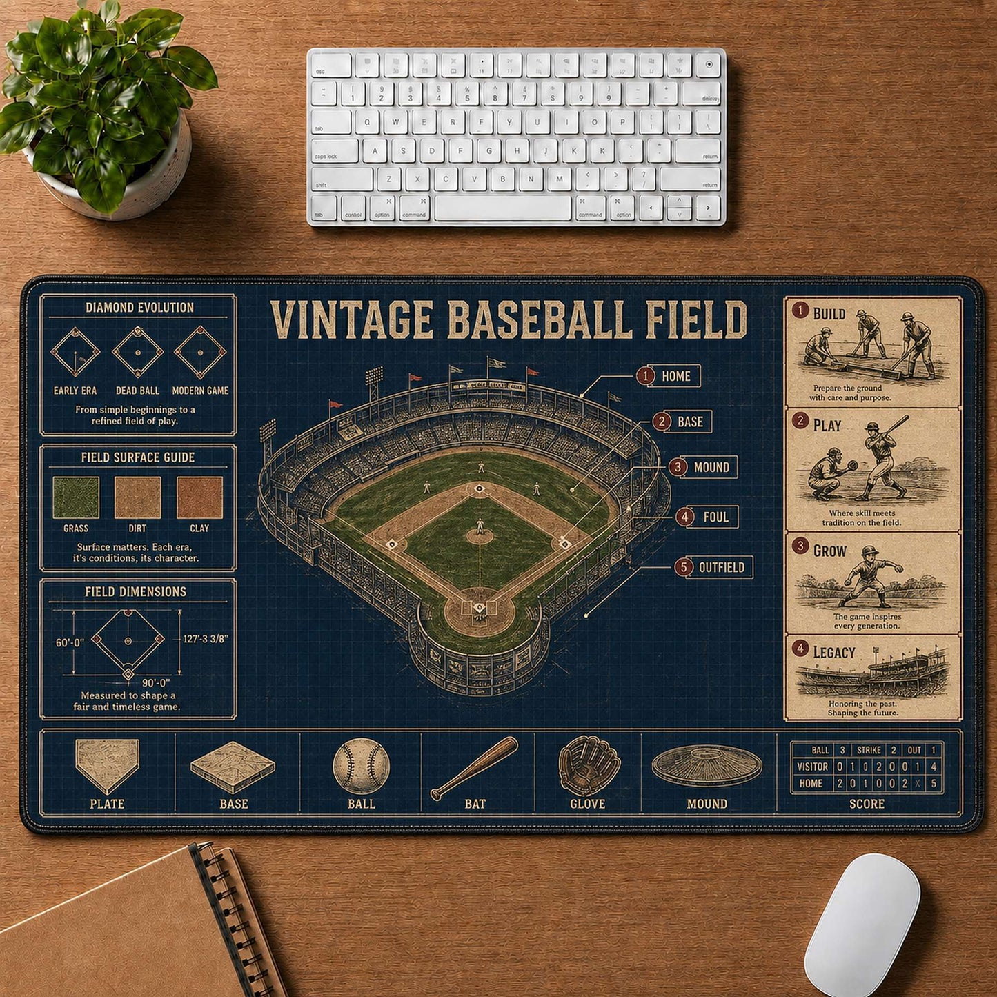 Vintage Baseball Field Blueprint Desk Mat | 5To9Vibe