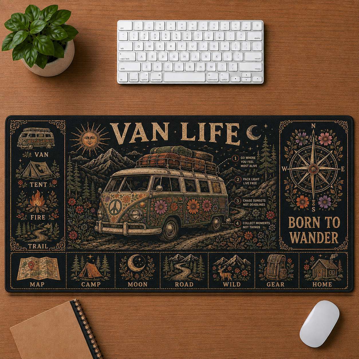 Mountain Camping Hippie Desk Mat Mouse Pad | 5To9Vibe - Van Life style