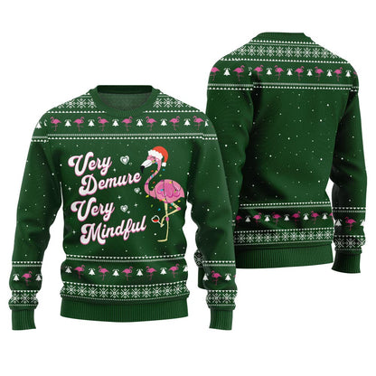 Very Demure Very Mindful Flamingo Ugly Sweater Green