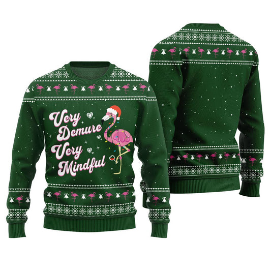 Very Demure Very Mindful Flamingo Ugly Sweater Green