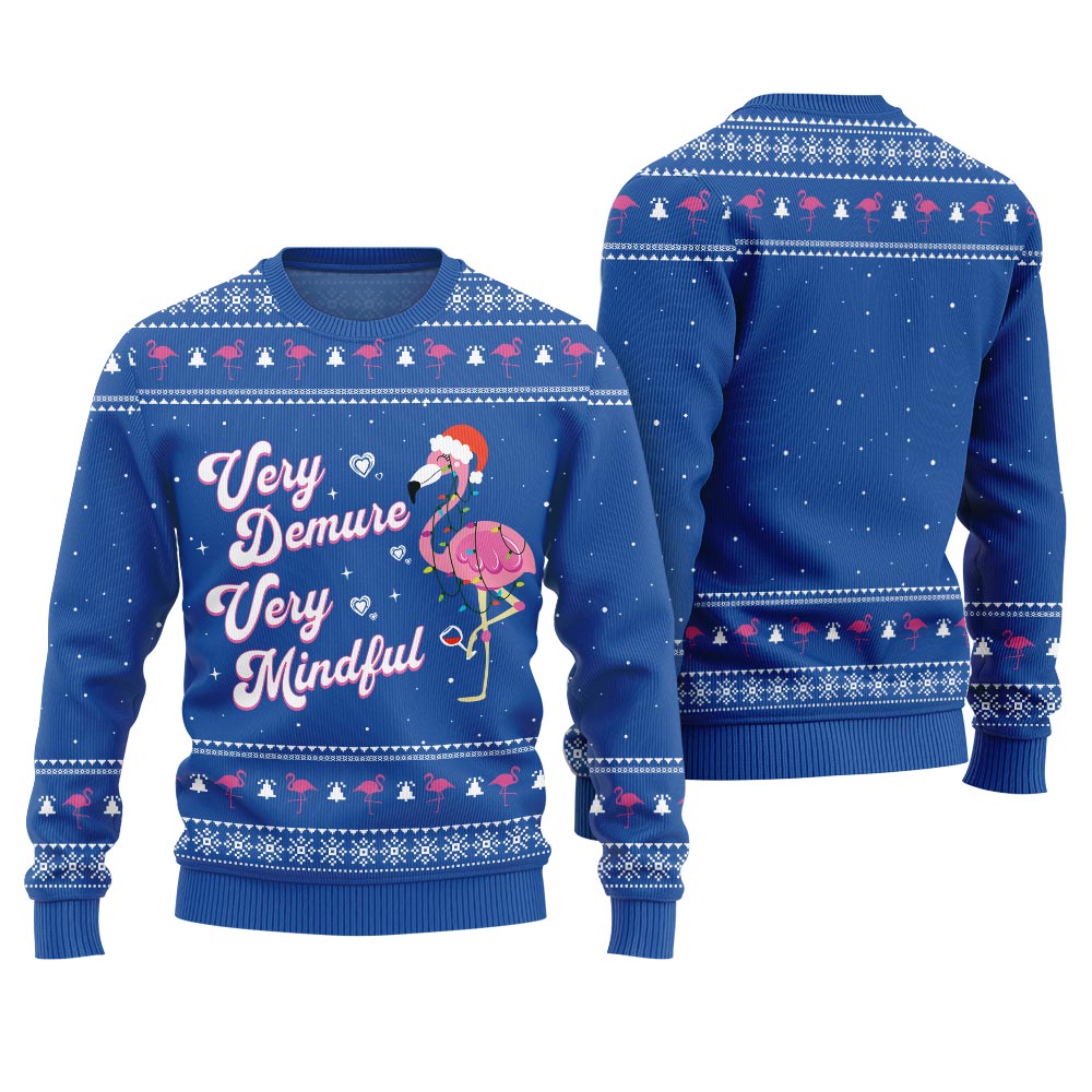Very Demure Very Mindful Flamingo Ugly Xmas Sweater Royal
