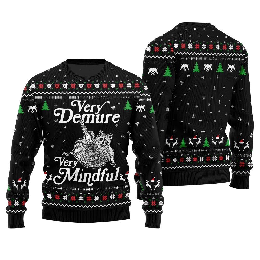 Very Demure Very Mindful Racoon Funny Sweater Black
