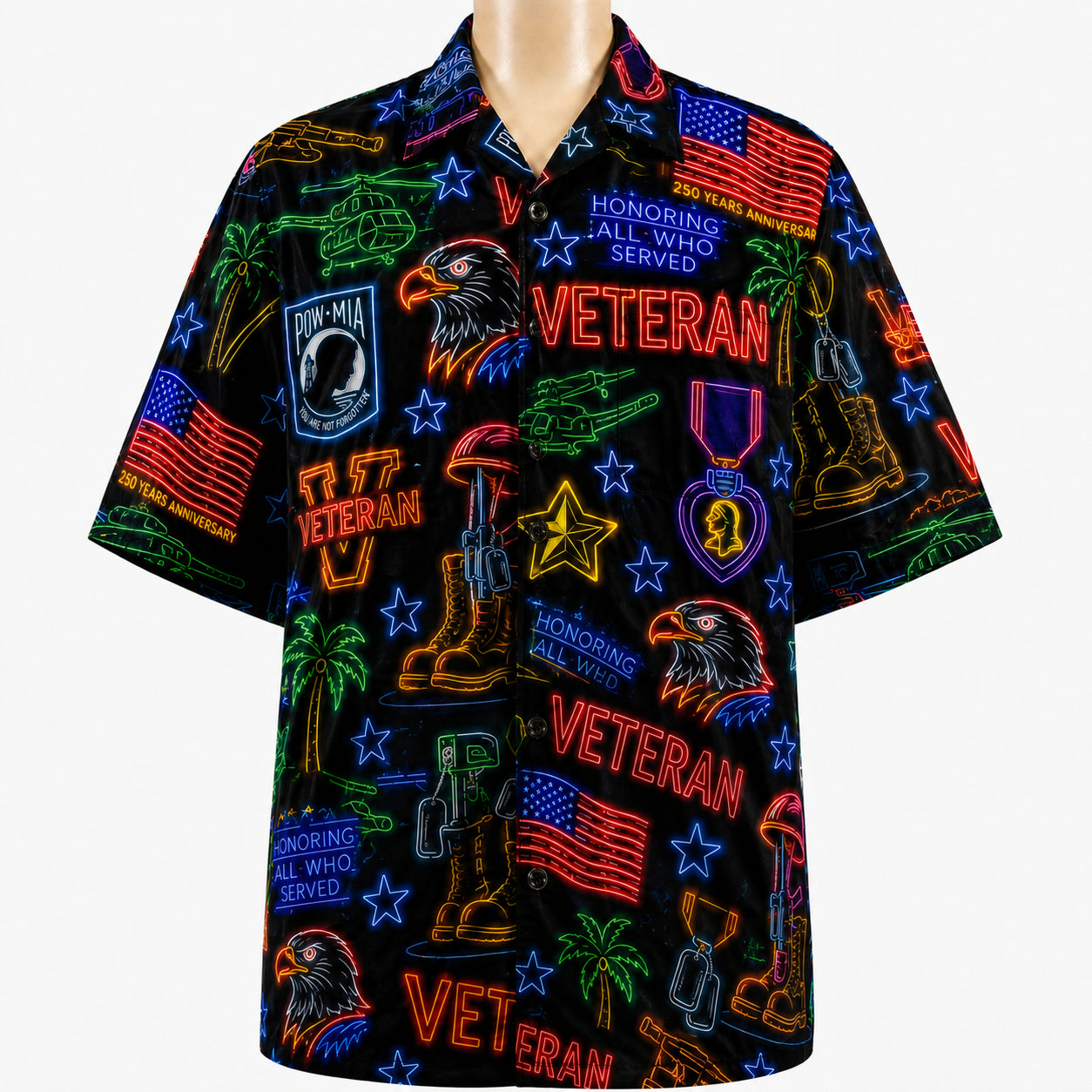All US Army Neon Pattern 4th July 250 Years Anniversary America Veteran Premium Unisex Hawaiian Shirt For Men and Women