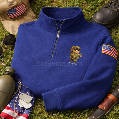 Veteran Life Embroidered Quarter Zip Sweatshirt, Funny Veteran Life Bear Pullover, Men's Casual Zip Up Jacket, Gift for Veteran Life Lover Dad