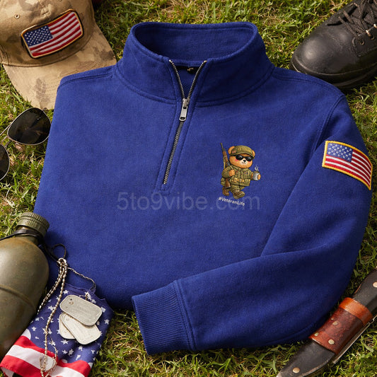 Veteran Life Embroidered Quarter Zip Sweatshirt, Funny Veteran Life Bear Pullover, Men's Casual Zip Up Jacket, Gift for Veteran Life Lover Dad