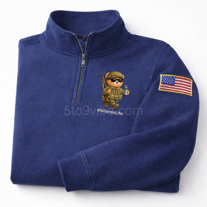 Veteran Life Embroidered Quarter Zip Sweatshirt, Funny Veteran Life Bear Pullover, Men's Casual Zip Up Jacket, Gift for Veteran Life Lover Dad