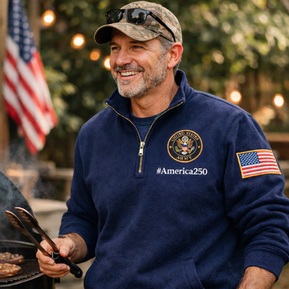 Sudadera premium con cuello con cremallera America 250, logotipo bordado del aniversario de los Veteranos del Ejército de EE. UU., suéter inspirado con cuello con cremallera, sudadera unisex