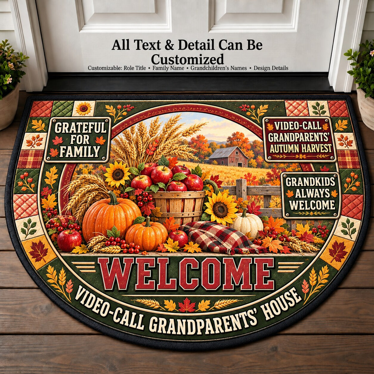 Video-Call Grandparents' Autumn Harvest Personalized Half Round Mat | 5To9Vibe