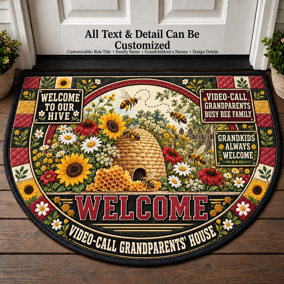 Video-Call Grandparents' Busy Bee Family Personalized Half Round Mat | 5To9Vibe