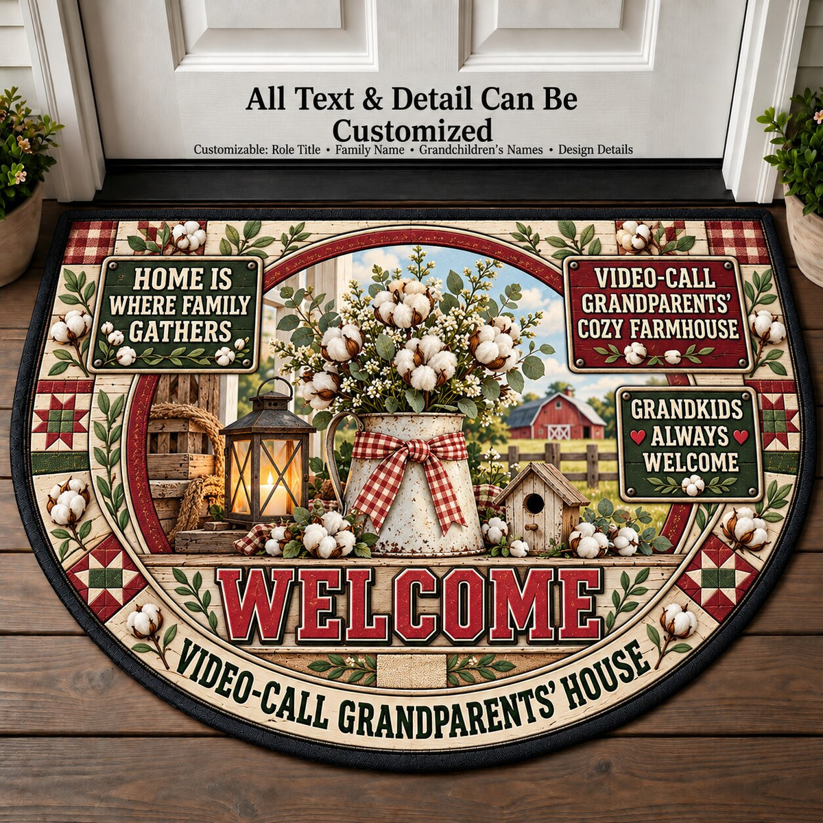 Video-Call Grandparents' Cozy Farmhouse Personalized Half Round Mat | 5To9Vibe