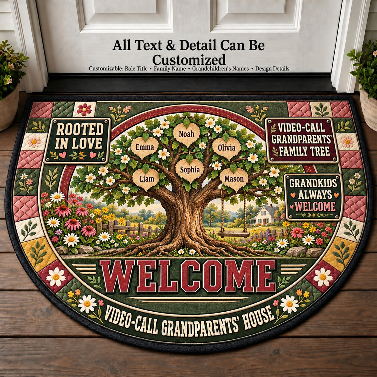 Video-Call Grandparents' Family Tree Personalized Half Round Mat | 5To9Vibe