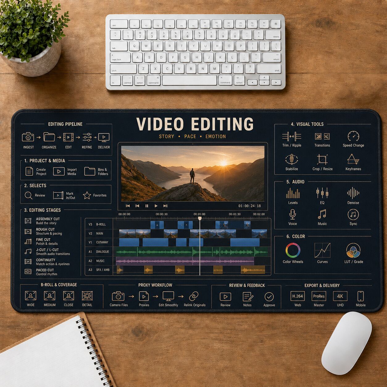 Video Editing Creative Reference Guide Desk Mat | 5To9Vibe