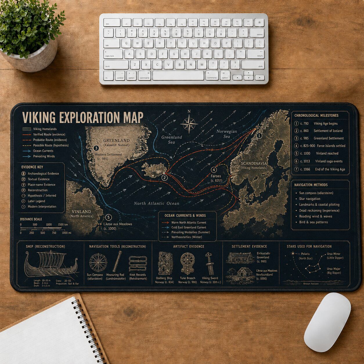 Viking Exploration Map Viking History and Culture Guide Desk Mat | 5To9Vibe