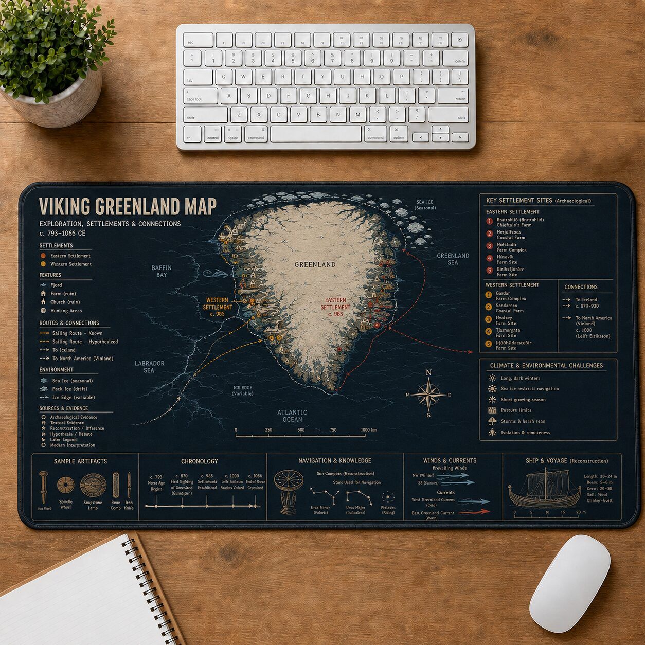 Viking Greenland Map Viking History and Culture Guide Desk Mat | 5To9Vibe