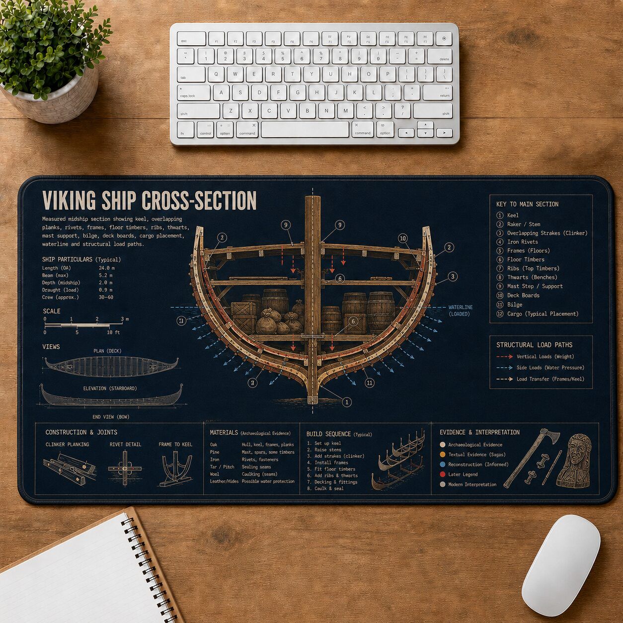 Viking Ship Cross Section Viking History and Culture Guide Desk Mat | 5To9Vibe