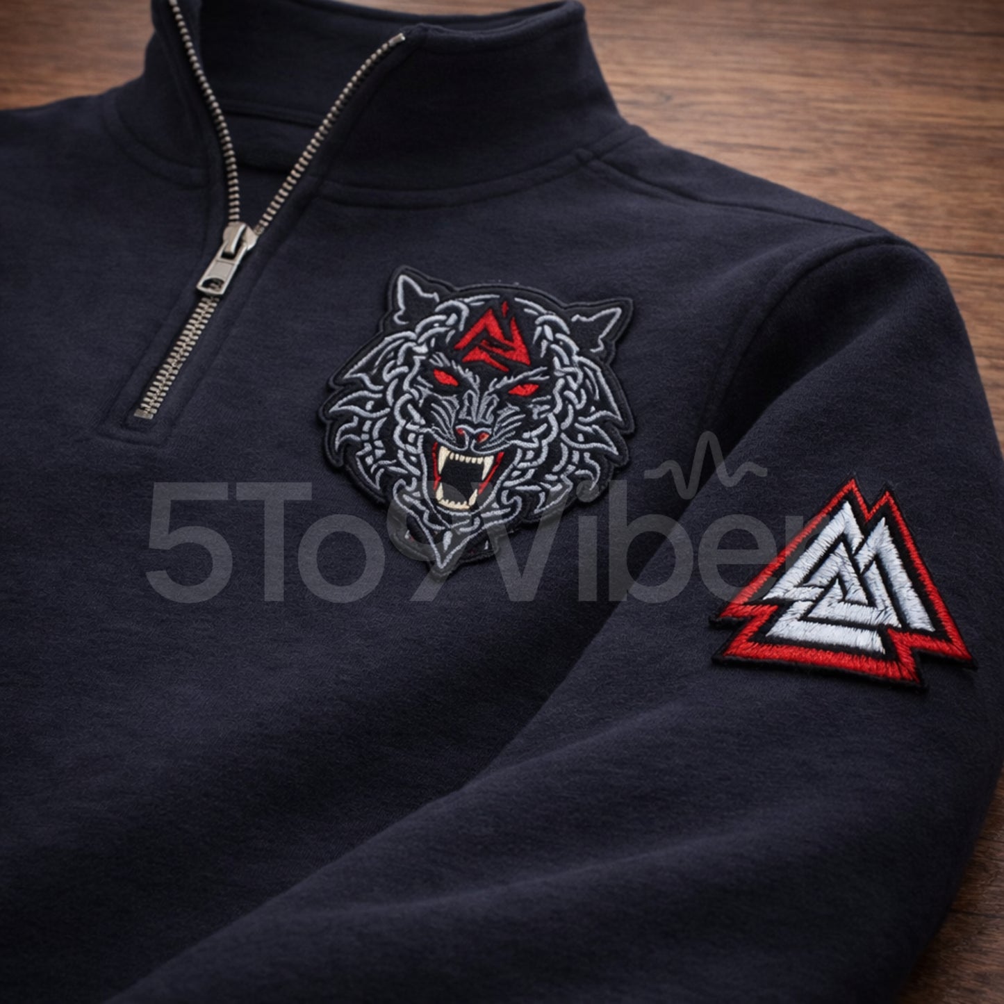 Viking Fenrir Wolf, Valknut Patch  Embroidered Logo Premium Quarter Zip Sweatshirt, Inspired Quarter Zip Sweater