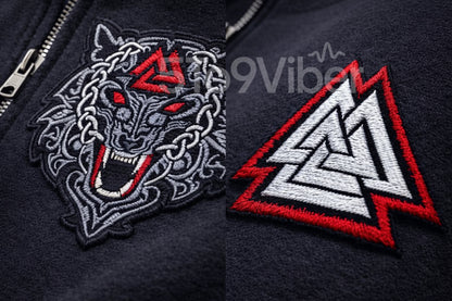 Viking Fenrir Wolf, Valknut Patch  Embroidered Logo Premium Quarter Zip Sweatshirt, Inspired Quarter Zip Sweater