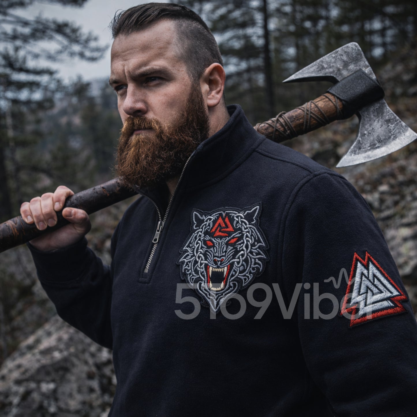 Viking Fenrir Wolf, Valknut Patch  Embroidered Logo Premium Quarter Zip Sweatshirt, Inspired Quarter Zip Sweater