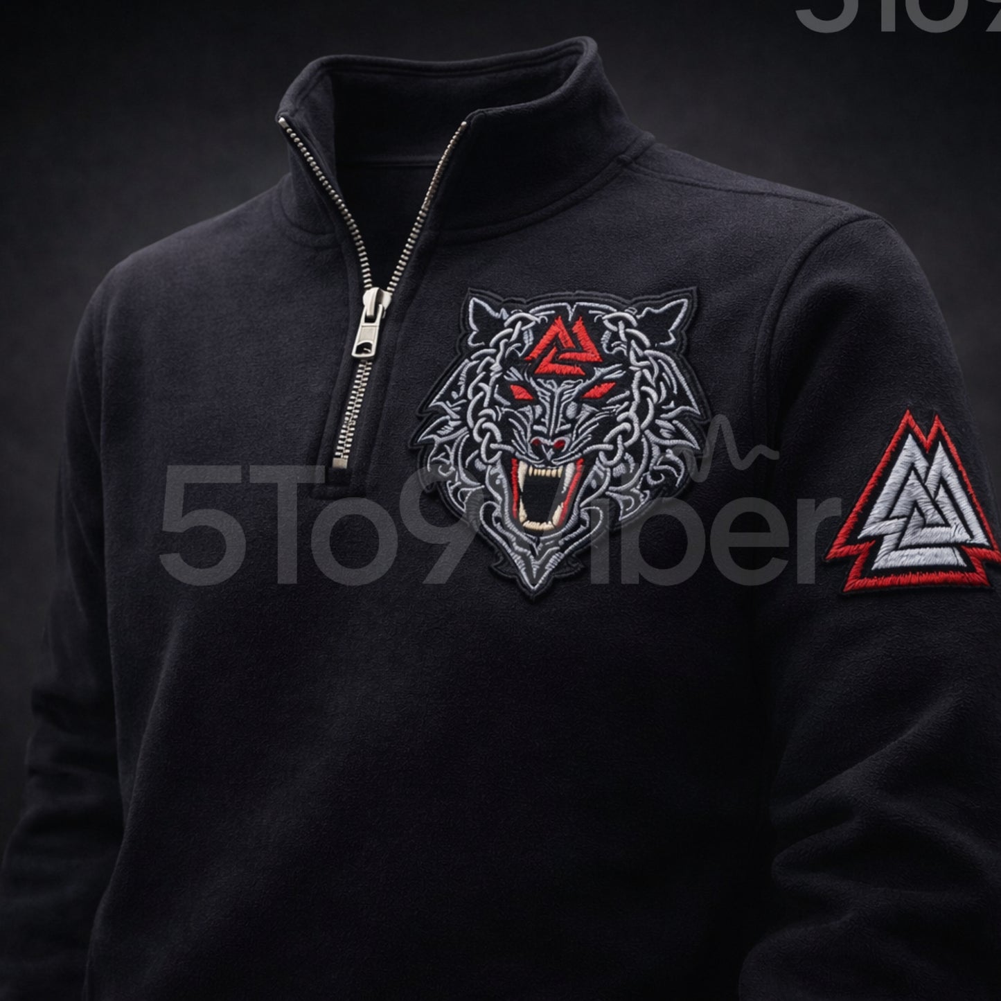 Viking Fenrir Wolf, Valknut Patch  Embroidered Logo Premium Quarter Zip Sweatshirt, Inspired Quarter Zip Sweater