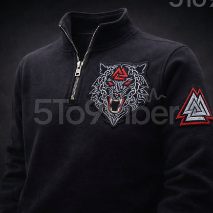 Viking Fenrir Wolf, Valknut Patch  Embroidered Logo Premium Quarter Zip Sweatshirt, Inspired Quarter Zip Sweater