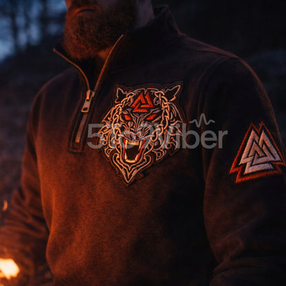 Viking Fenrir Wolf, Valknut Patch  Embroidered Logo Premium Quarter Zip Sweatshirt, Inspired Quarter Zip Sweater