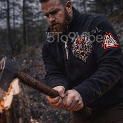 Viking Fenrir Wolf, Valknut Patch  Embroidered Logo Premium Quarter Zip Sweatshirt, Inspired Quarter Zip Sweater