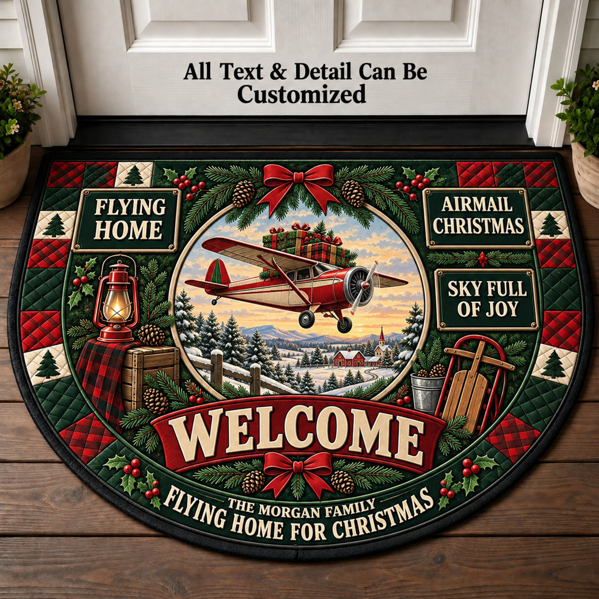 Vintage Airplane Christmas Personalized Half Round Mat | 5To9Vibe
