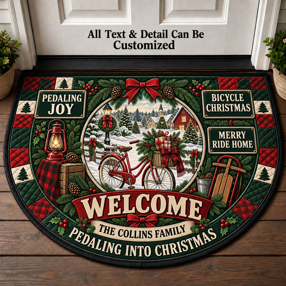 Vintage Bicycle Christmas Personalized Half Round Mat | 5To9Vibe