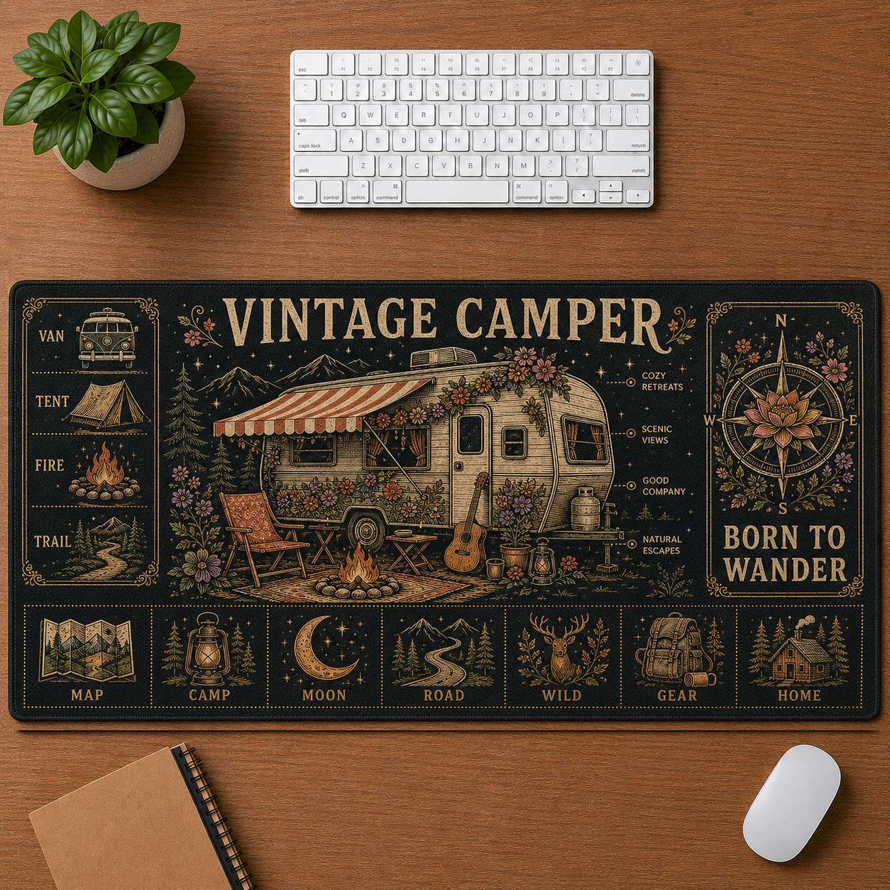 Mountain Camping Hippie Desk Mat Mouse Pad | 5To9Vibe - Vintage Camper style