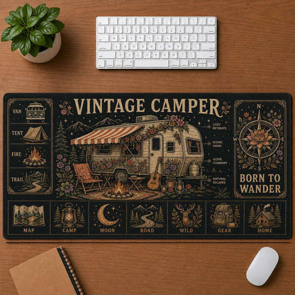Mountain Camping Hippie Desk Mat Mouse Pad | 5To9Vibe - Vintage Camper style