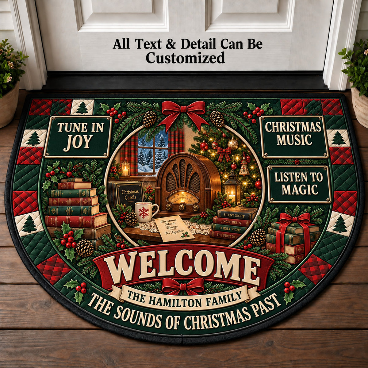 Vintage Christmas Radio Personalized Half Round Mat | 5To9Vibe