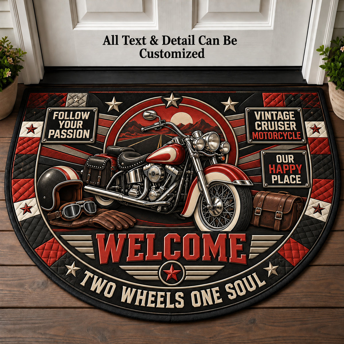 Vintage Cruiser Motorcycle Personalized Half Round Mat | 5To9Vibe