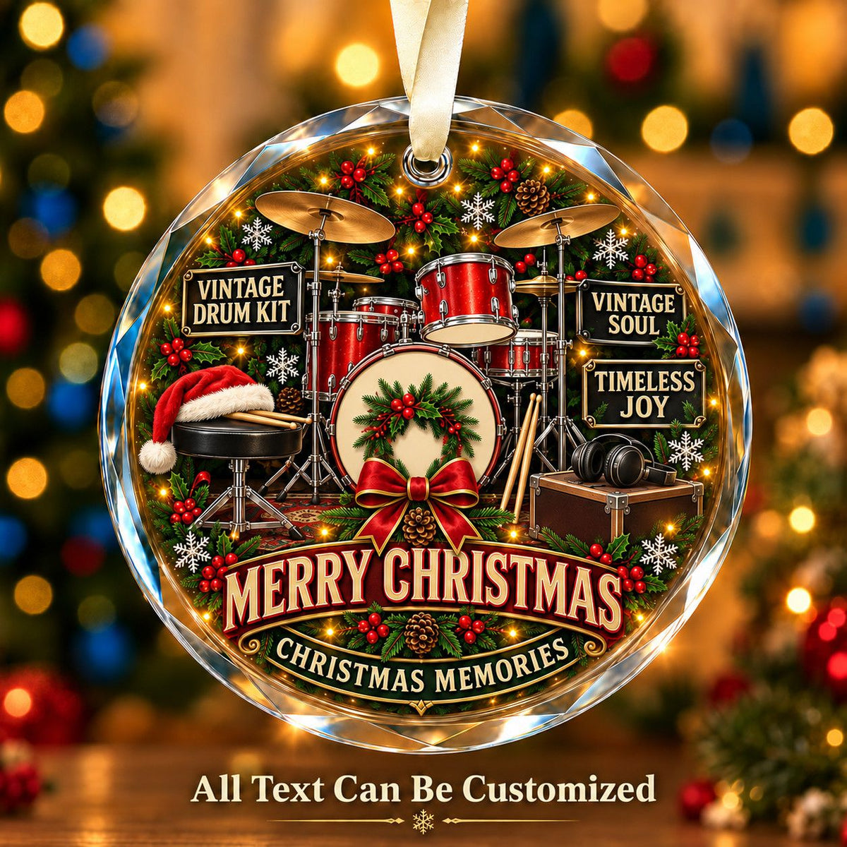 Vintage Drum Kit Personalized Glass Ornament | 5To9Vibe