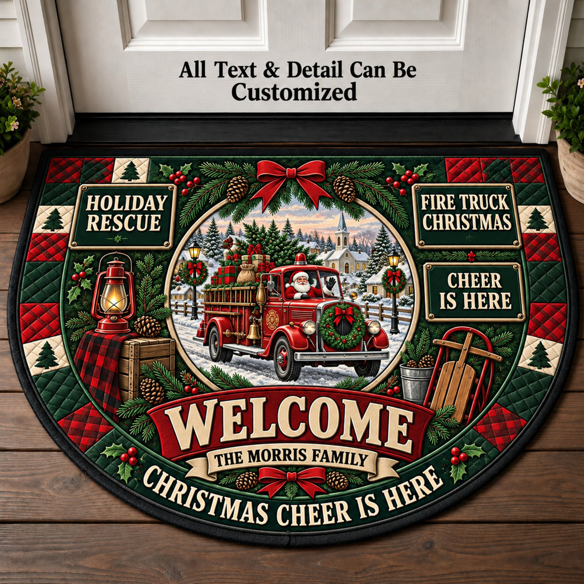 Vintage Fire Truck Christmas Personalized Half Round Mat | 5To9Vibe