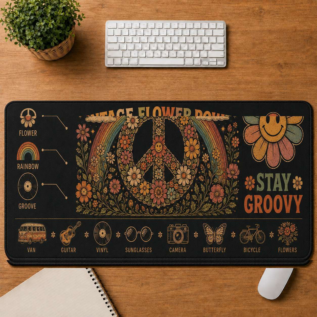 Smiley Face Hippie Desk Mat Mouse Pad | 5To9Vibe - Vintage Flower Power style