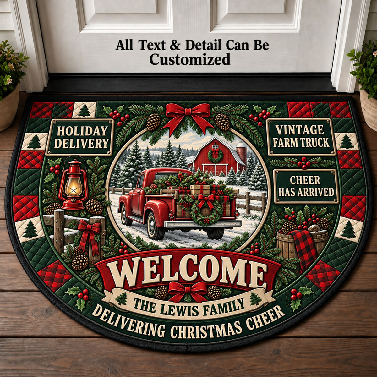Vintage Grain Truck Christmas Personalized Half Round Mat | 5To9Vibe