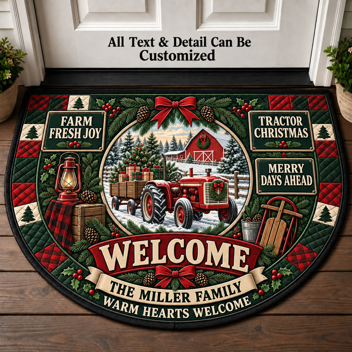 Vintage Red Tractor Personalized Half Round Mat | 5To9Vibe