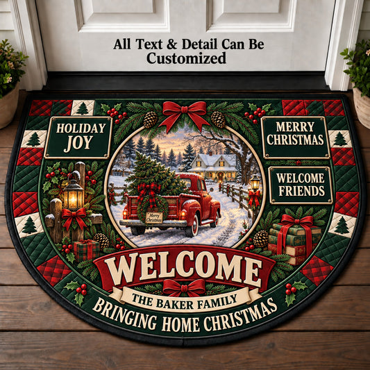 Vintage Red Truck Christmas Personalized Half Round Mat | 5To9Vibe