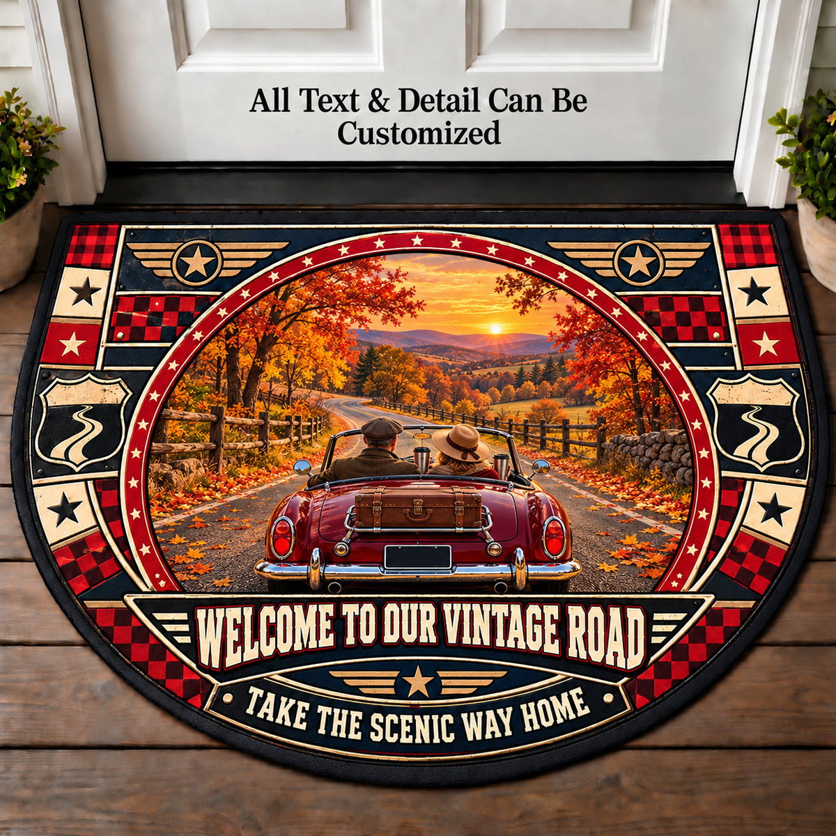 Autumn Country Road - Vintage Road Couple Personalized Half Round Mat | 5To9Vibe