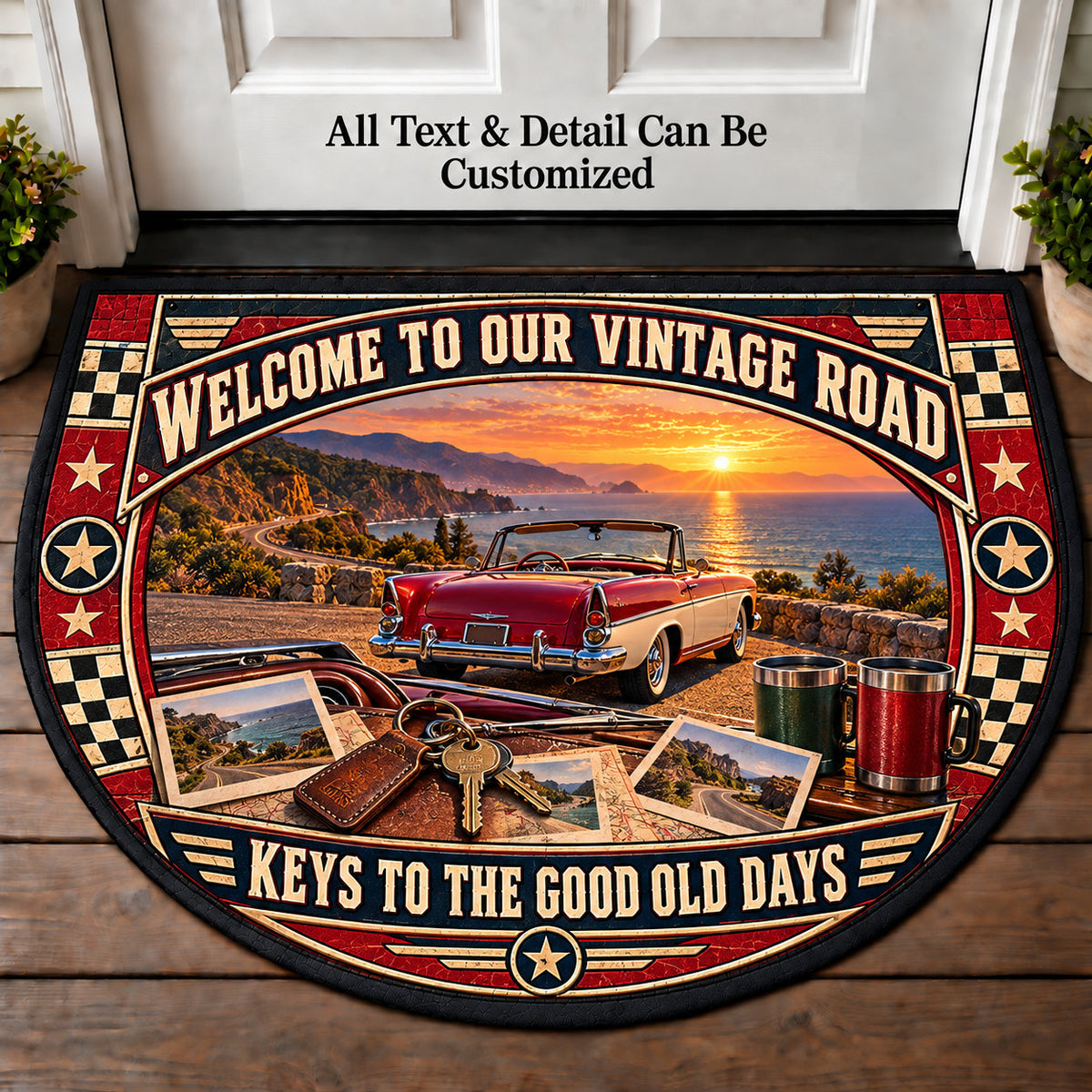 Car Keys Keepsakes - Vintage Road Couple Personalized Half Round Mat | 5To9Vibe