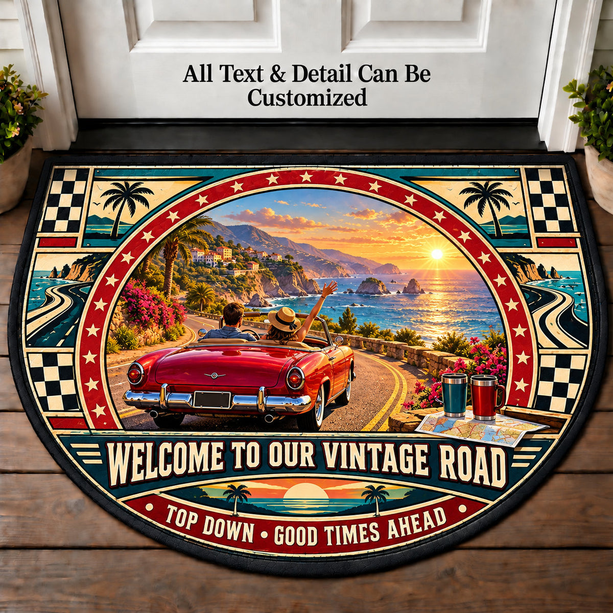 Convertible Coast - Vintage Road Couple Personalized Half Round Mat | 5To9Vibe