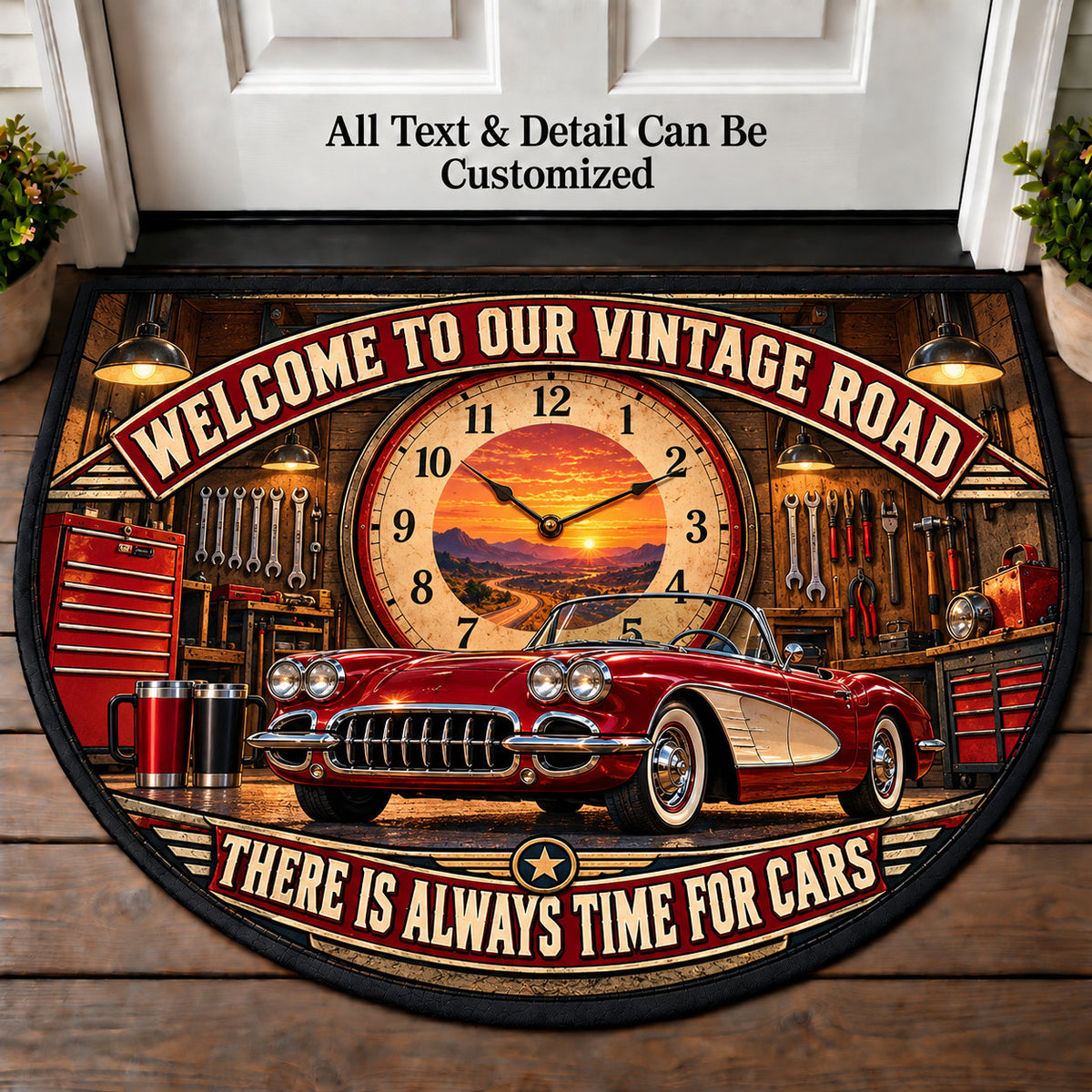 Garage Clock - Vintage Road Couple Personalized Half Round Mat | 5To9Vibe