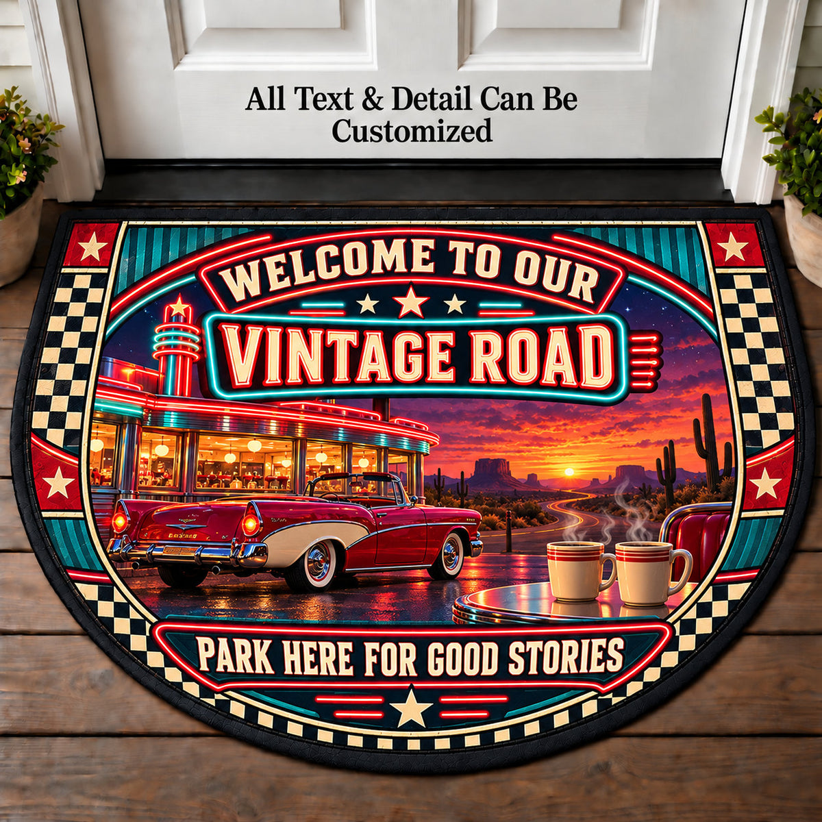 Neon Diner - Vintage Road Couple Personalized Half Round Mat | 5To9Vibe