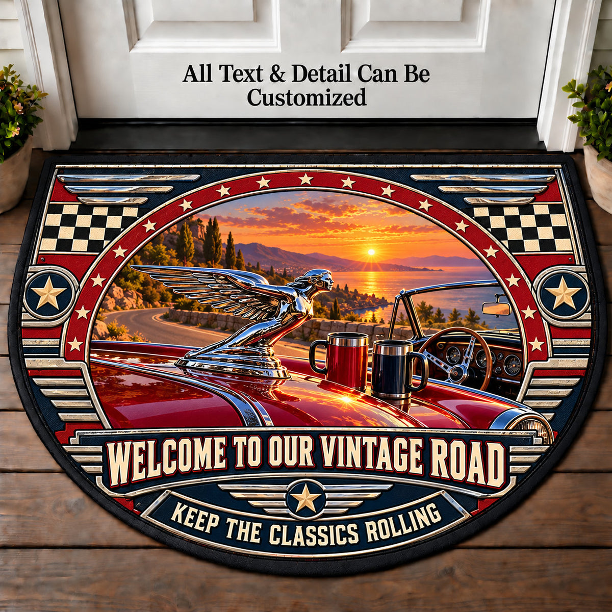 Polished Hood Ornament - Vintage Road Couple Personalized Half Round Mat | 5To9Vibe