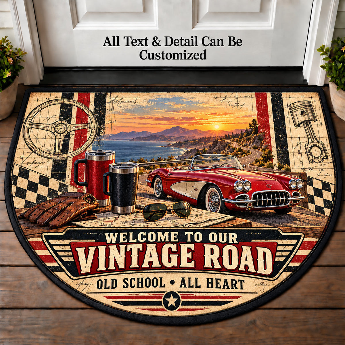 Racing Stripe Sketch - Vintage Road Couple Personalized Half Round Mat | 5To9Vibe
