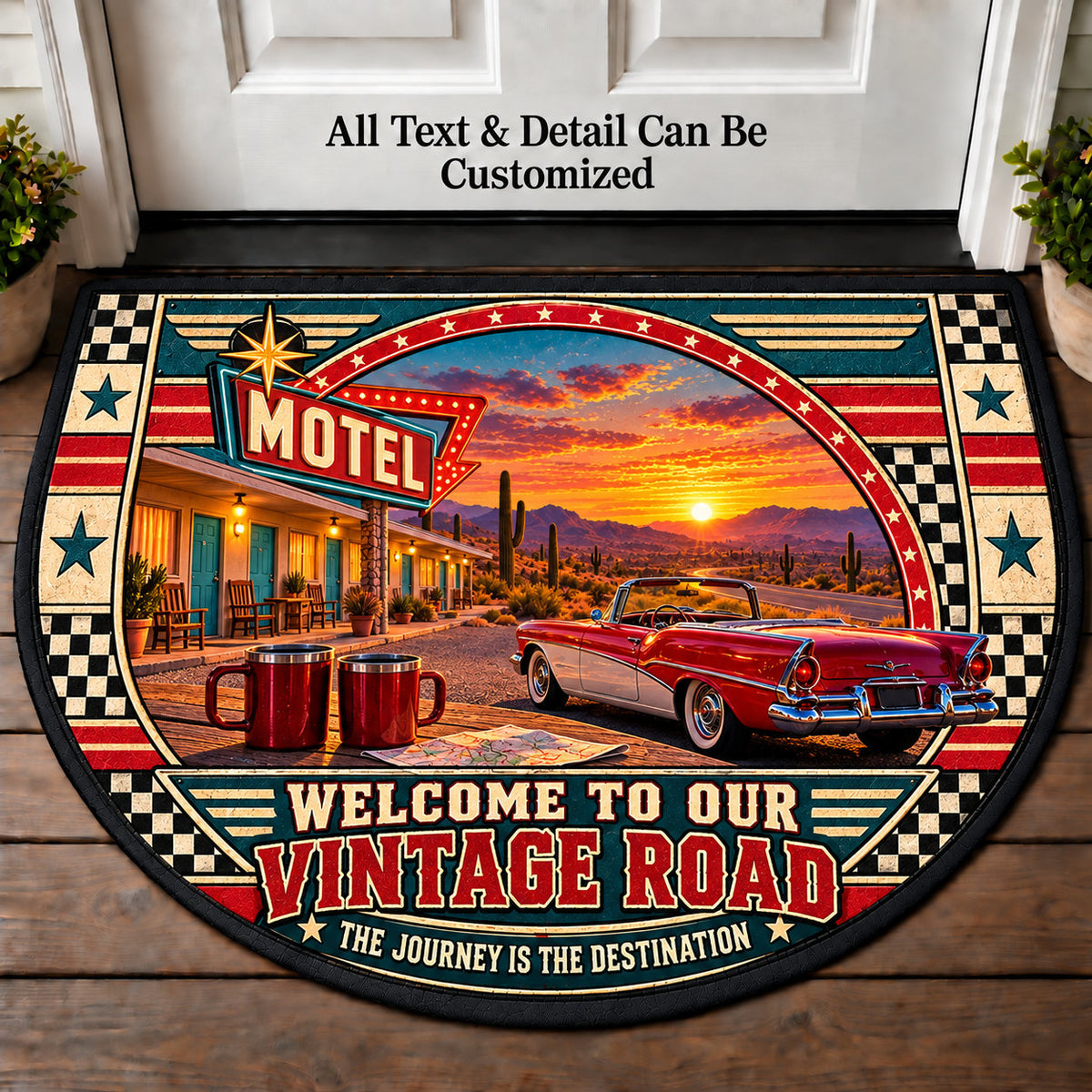 Roadside Motel - Vintage Road Couple Personalized Half Round Mat | 5To9Vibe