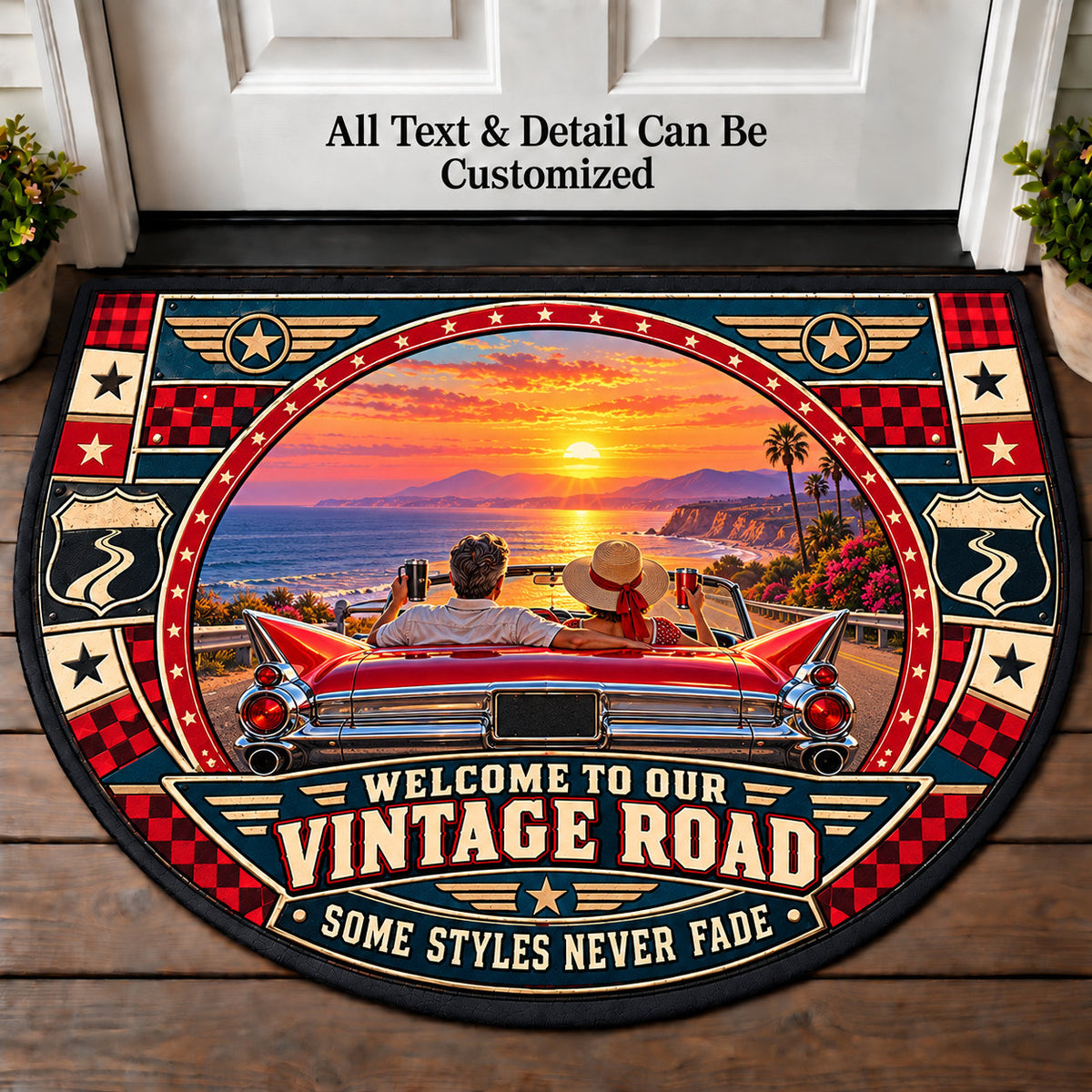 Tailfin Sunset - Vintage Road Couple Personalized Half Round Mat | 5To9Vibe