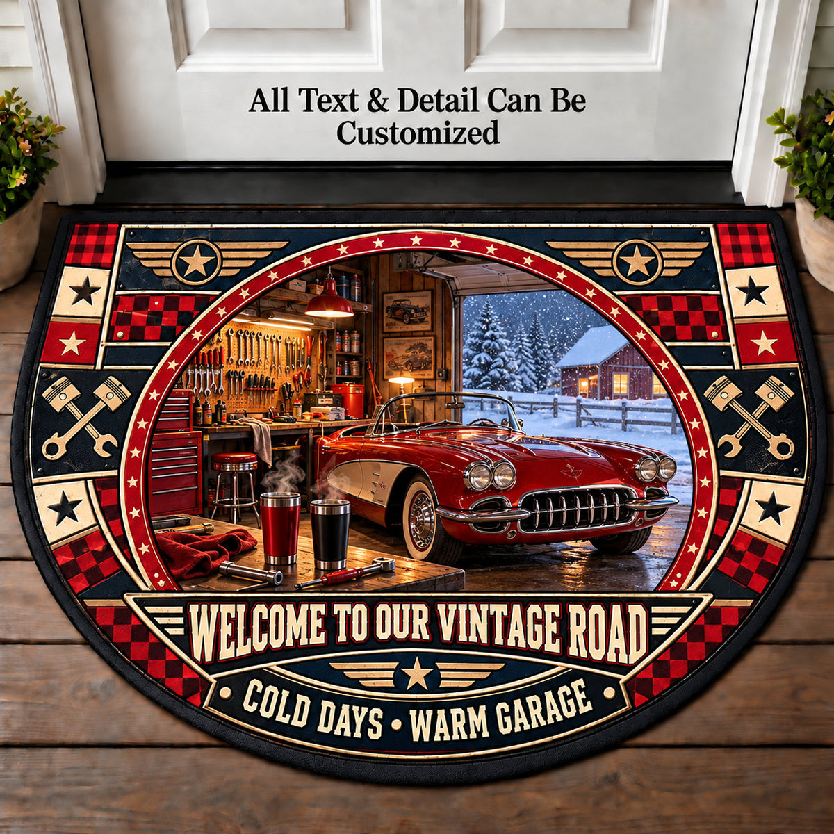 Winter Garage Project - Vintage Road Couple Personalized Half Round Mat | 5To9Vibe