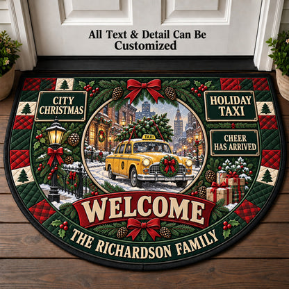 Vintage Taxi Christmas Personalized Half Round Mat | 5To9Vibe